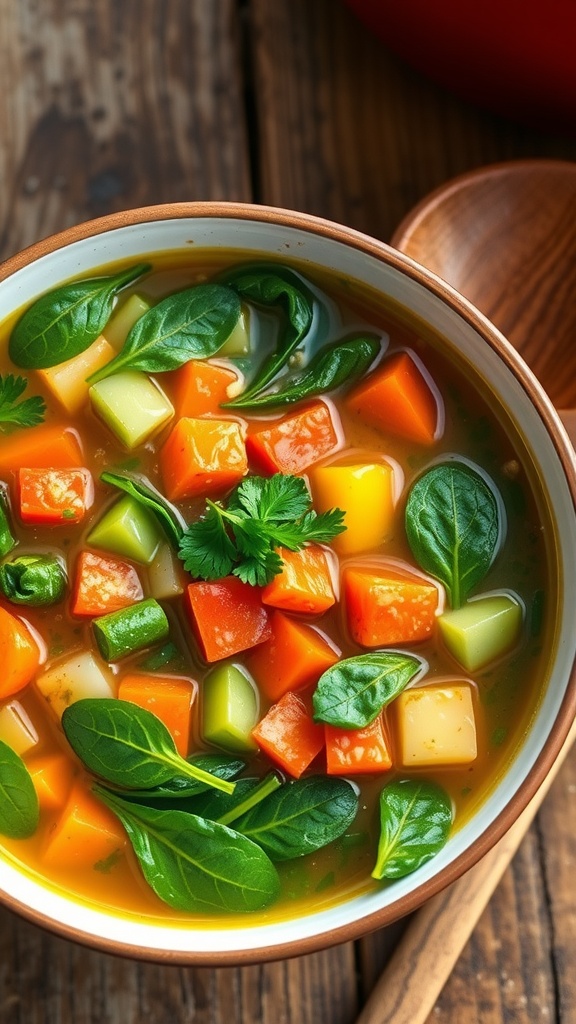 Flavorful Zero Calorie Vegetable Soup Recipe A steaming bowl of colorful vegetable soup filled with spinach, tomatoes, carrots, and bell peppers, garnished with parsley on a rustic table.
